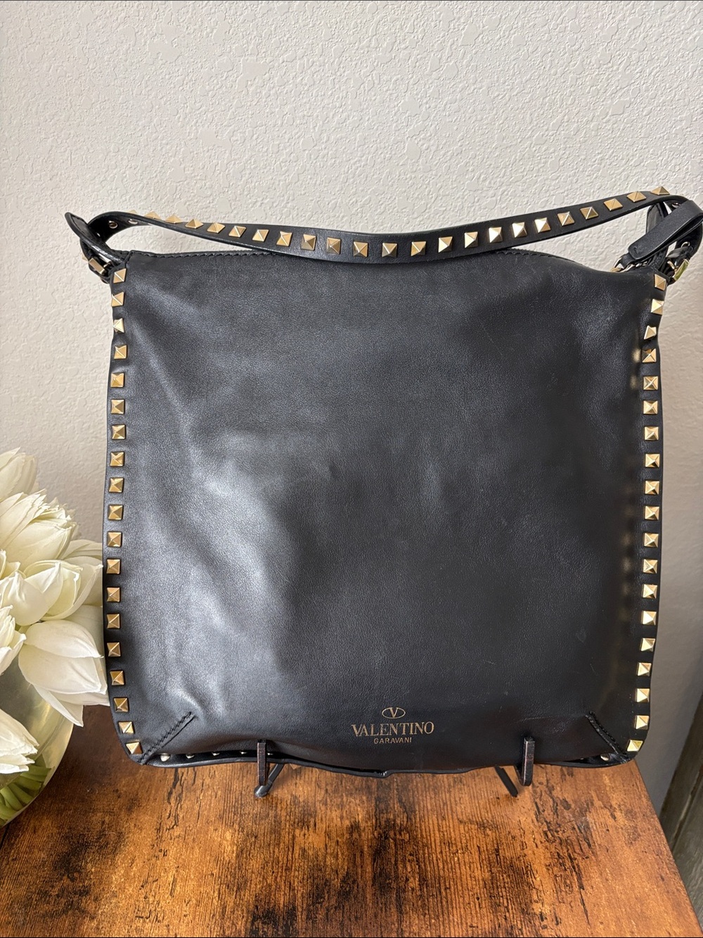 Valentino Garavani Black Leather Rockstud Crossbody Shoulder Bag